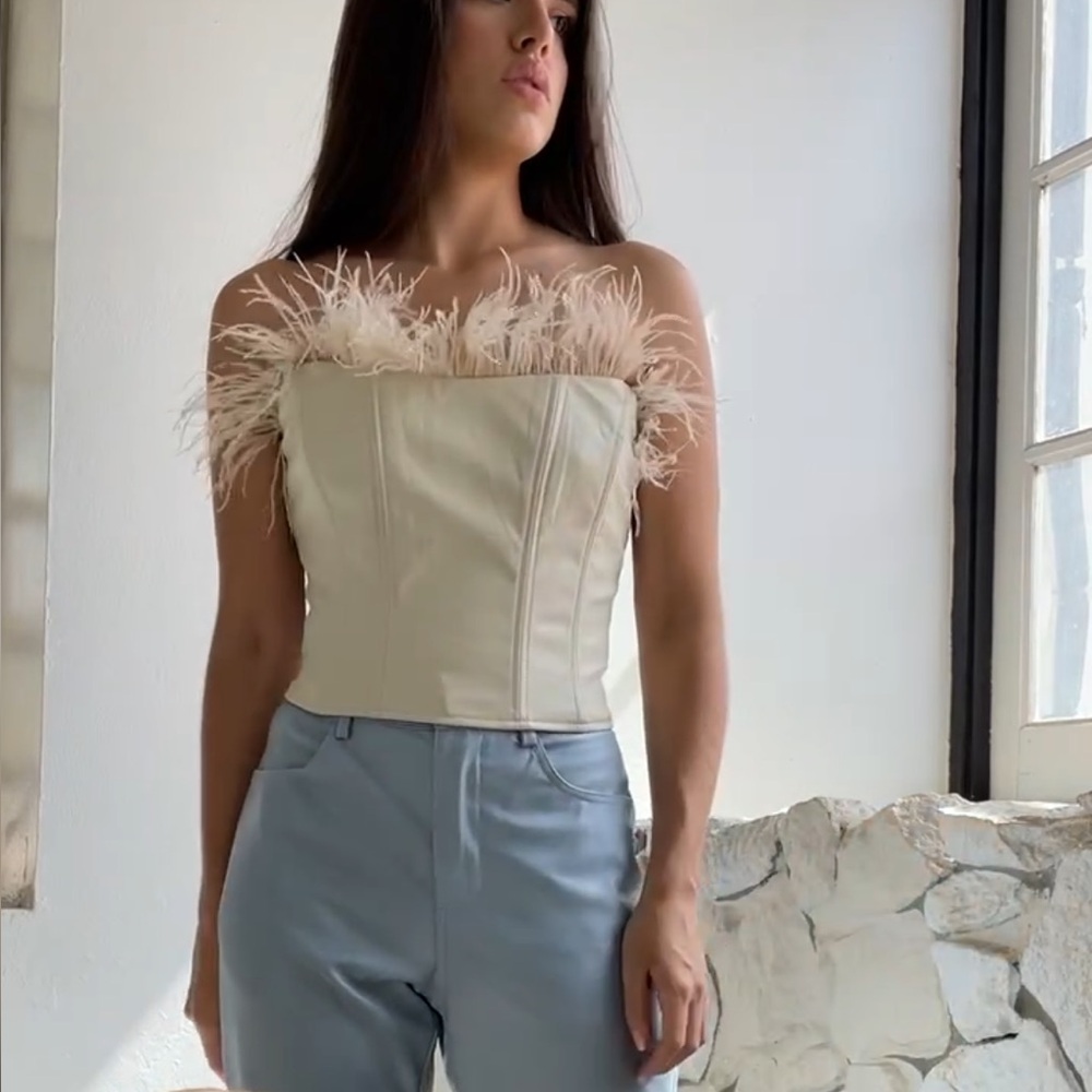 Salty Feather Cream Faux Leather Feather Corset Top – Strapless Bustier NWT